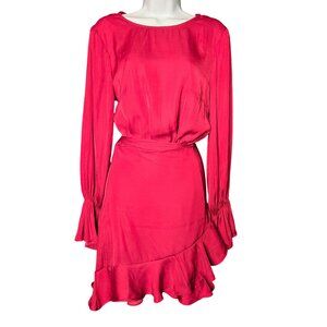 Here Comes the Sun Womens M Satin Ruffle Long Sleeve Backless Red Dress Faux Wra